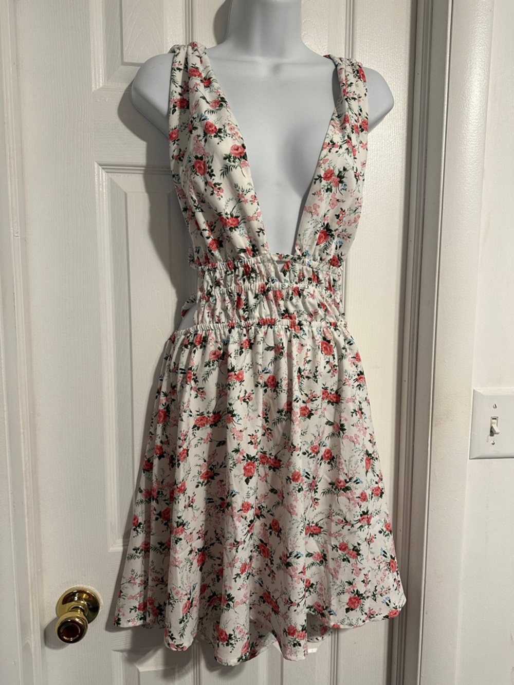 Deep V Floral Mini Dress in White and Pink